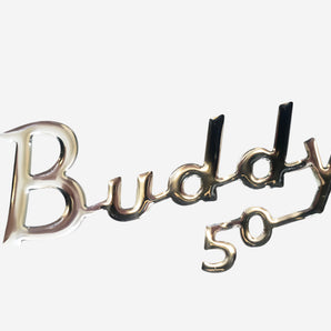 DECAL - BUDDY 50 NAME BADGE, CHROME
